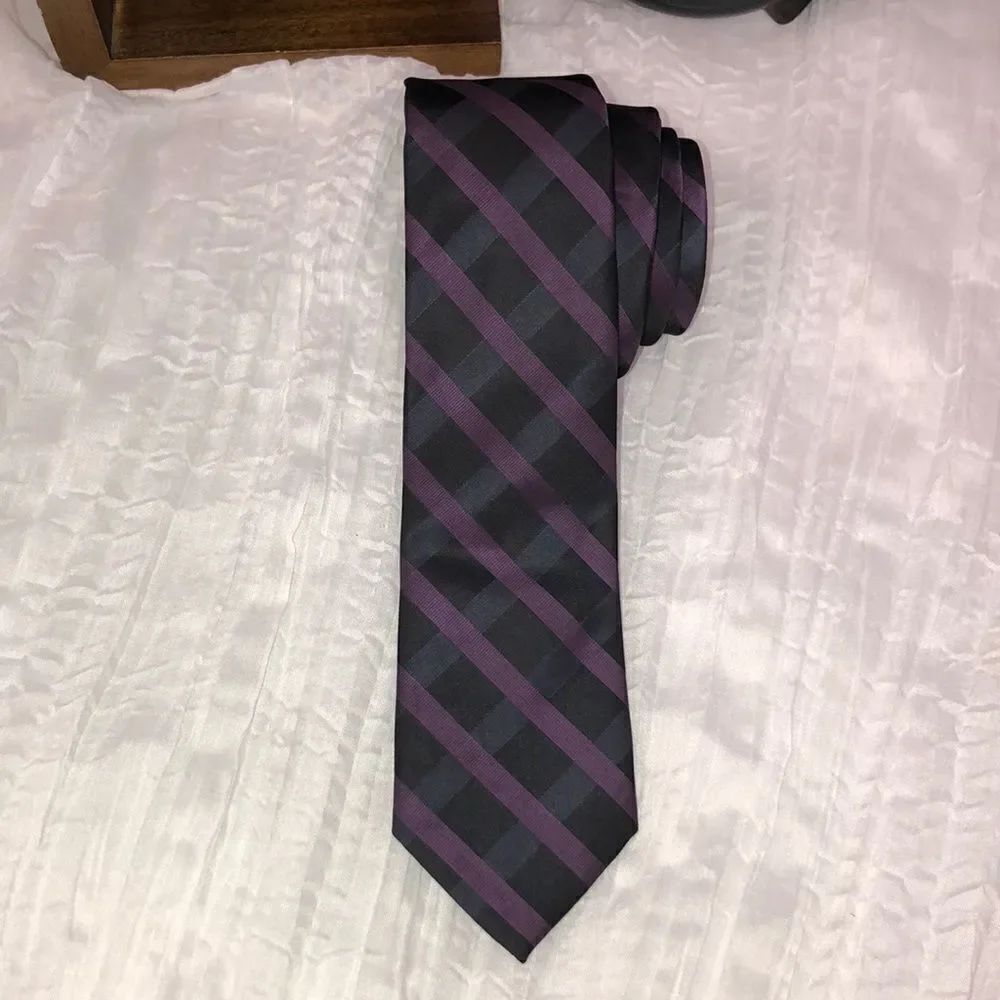 J. Ferrar Purple Black Diagonal Stripes Polyester Tie